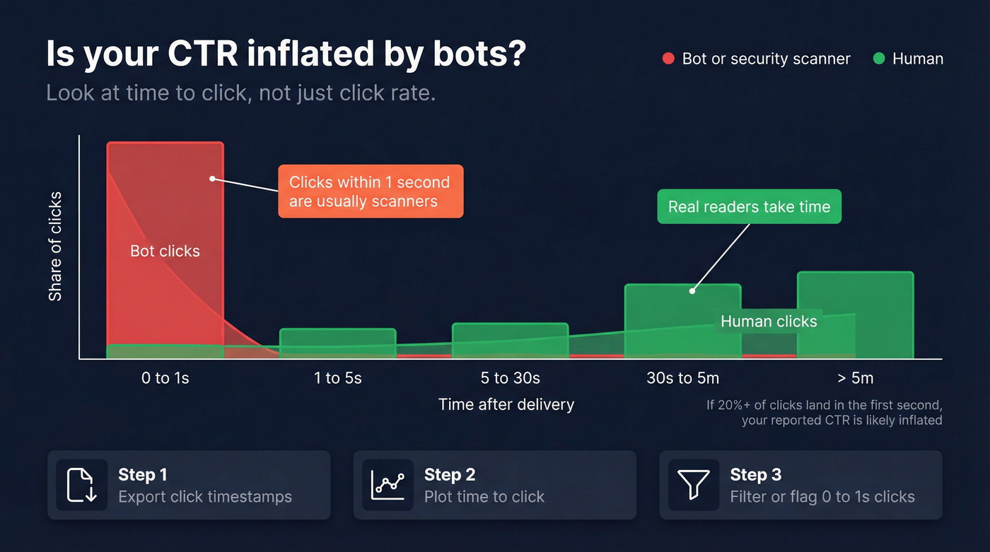 Time-to-click pattern showing bot clicks vs human clicks