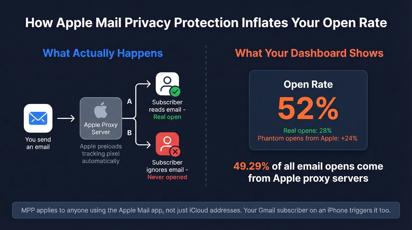 Visual explainer of how Apple MPP inflates email open rates