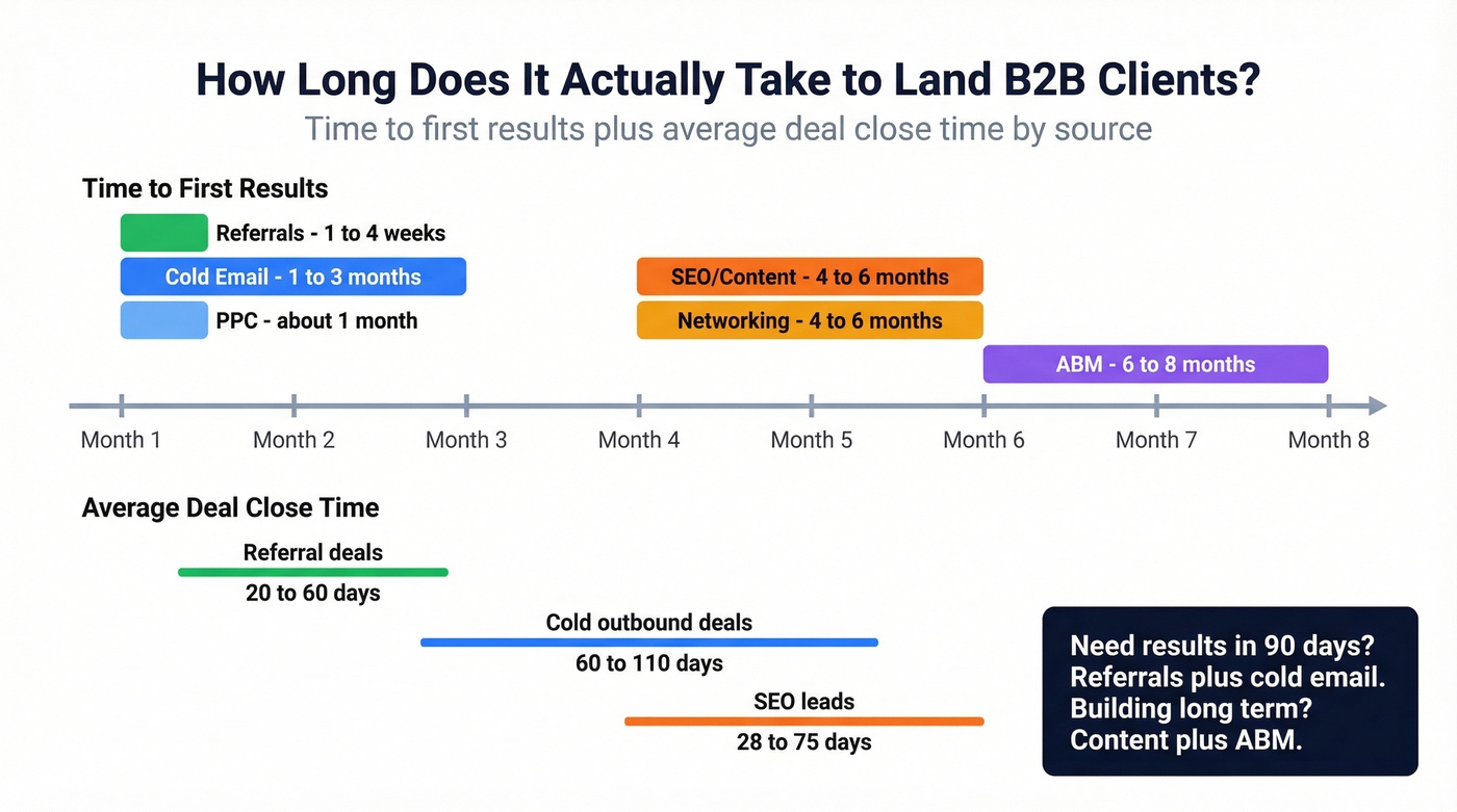 Visual timeline showing B2B channel time-to-results with deal close ranges
