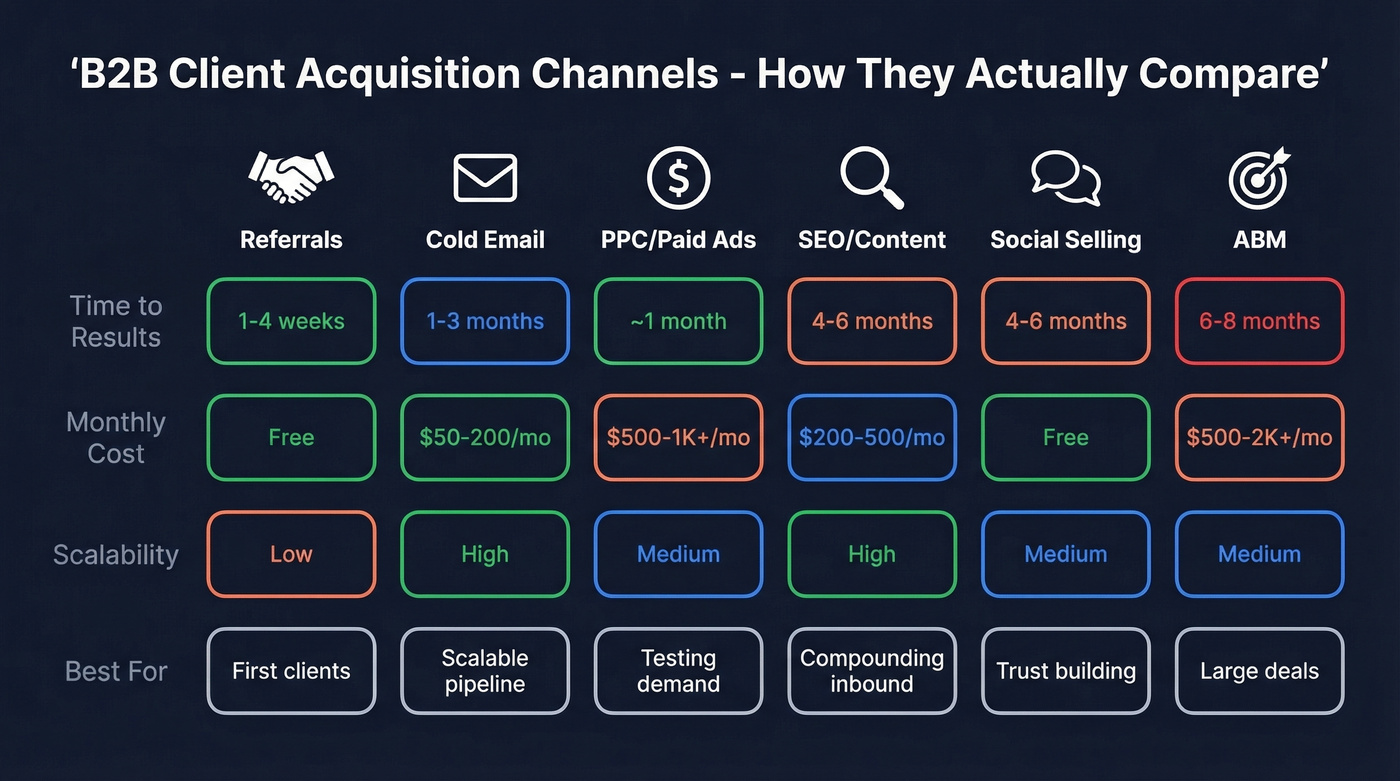B2B client acquisition channels compared by time, cost, and scalability