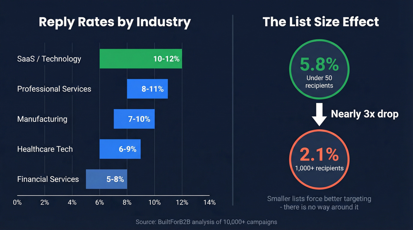 Cold email reply rates by industry and list size comparison