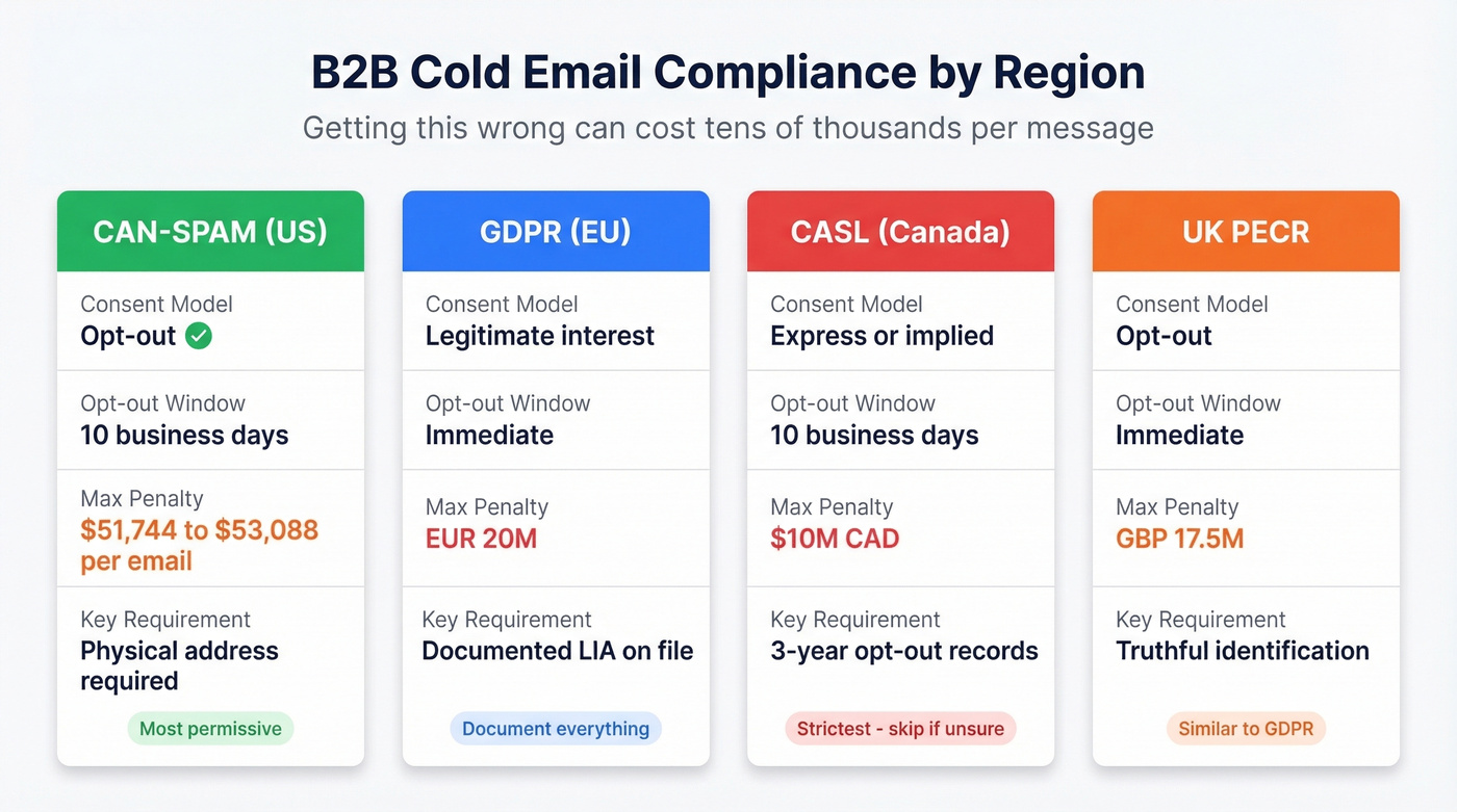 B2B cold email compliance comparison by region