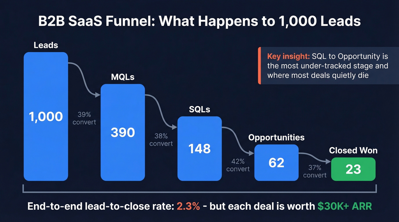 B2B SaaS funnel waterfall showing lead drop-off at each stage