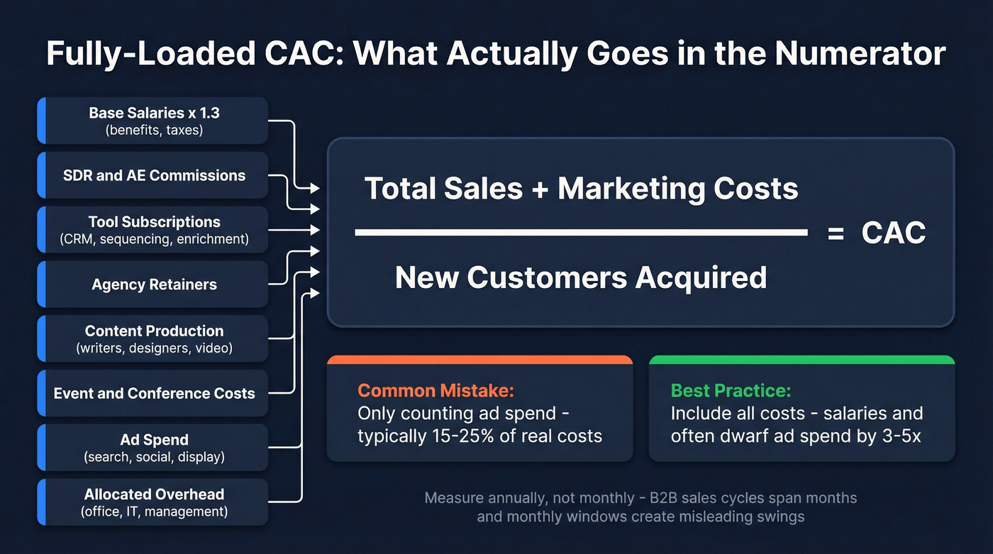 Fully-loaded CAC formula breakdown with all cost components