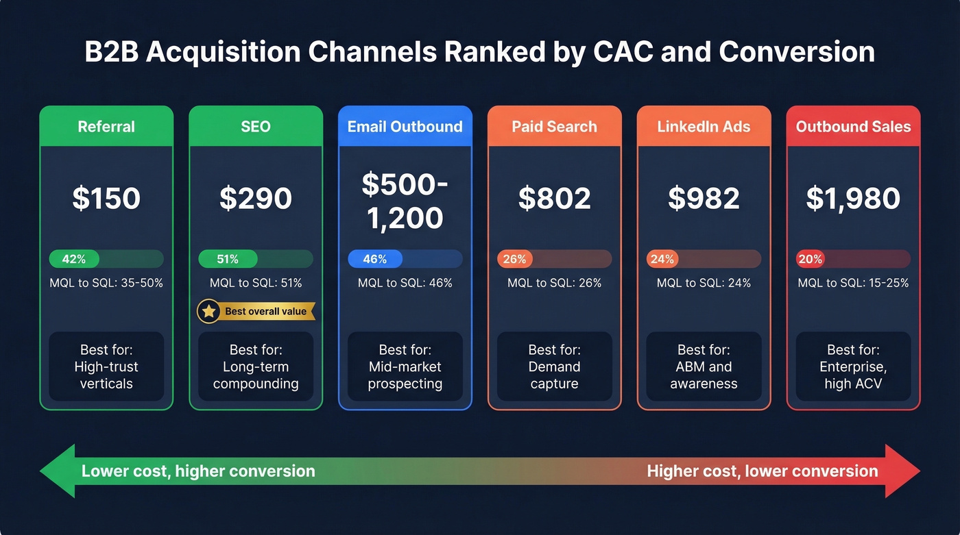 B2B acquisition channel comparison by CAC and conversion rate