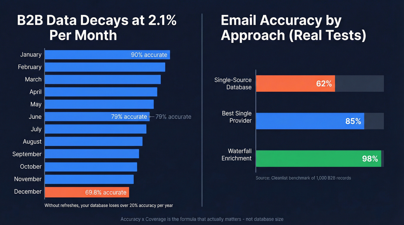 B2B data decay rate and accuracy spread across providers