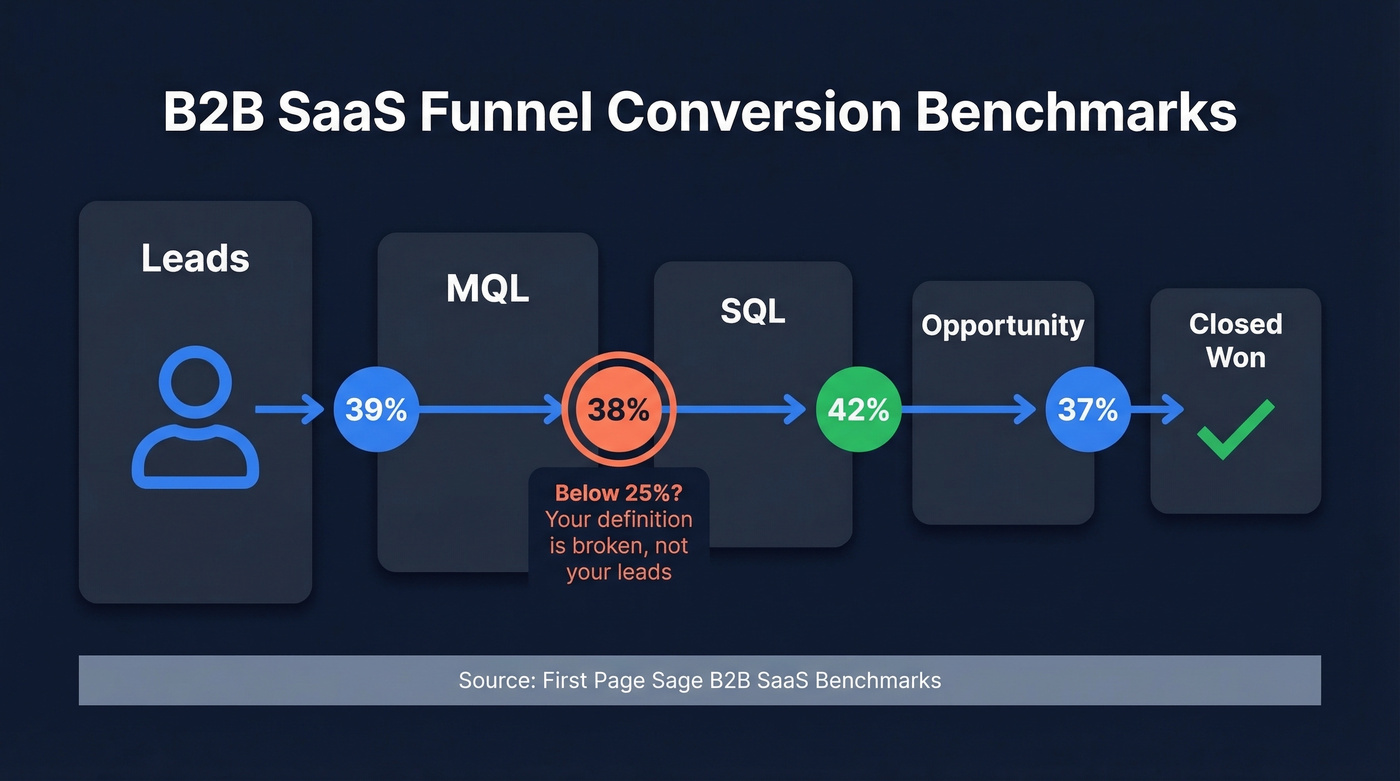 B2B SaaS funnel stage conversion rate benchmark visualization