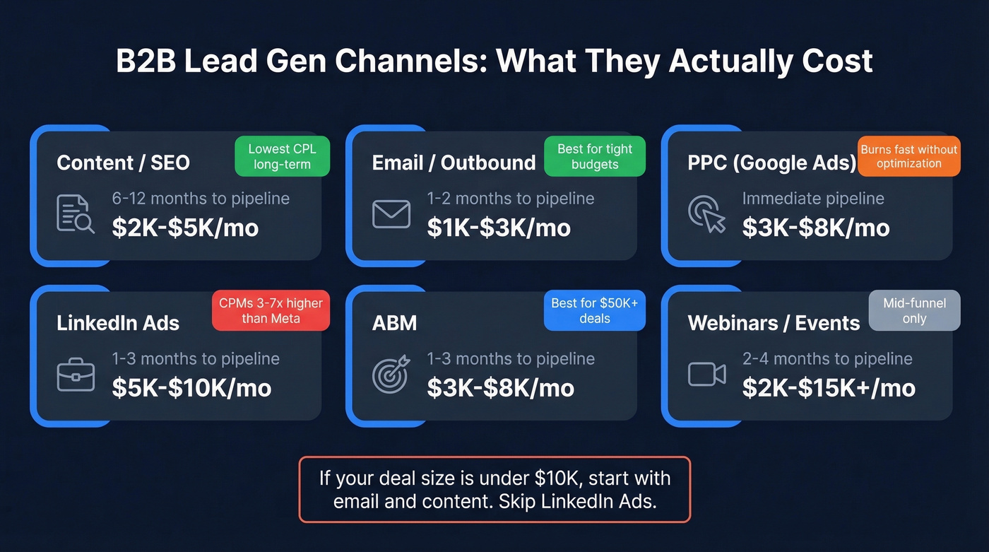B2B lead gen channel comparison with cost, timeline, and ROI