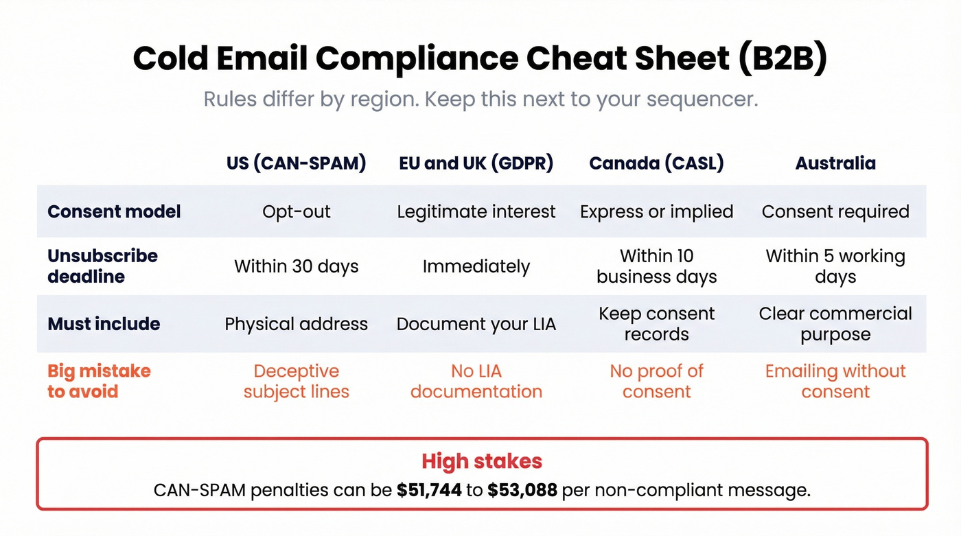 Compliance comparison table for CAN-SPAM, GDPR, CASL, Australia
