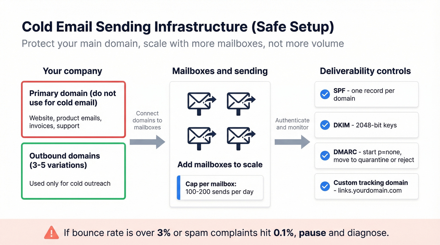 Cold email sending architecture with domains and authentication