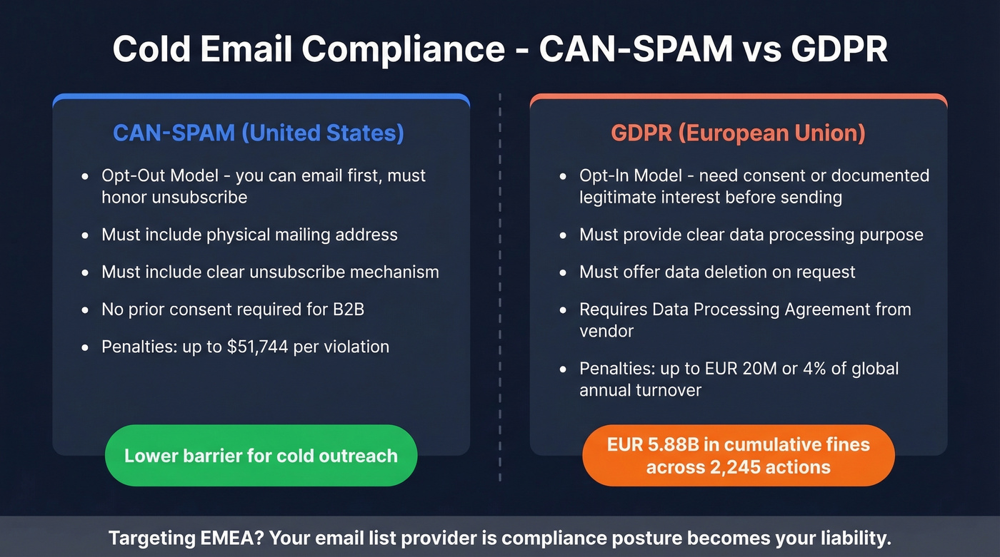 CAN-SPAM vs GDPR compliance comparison for cold email