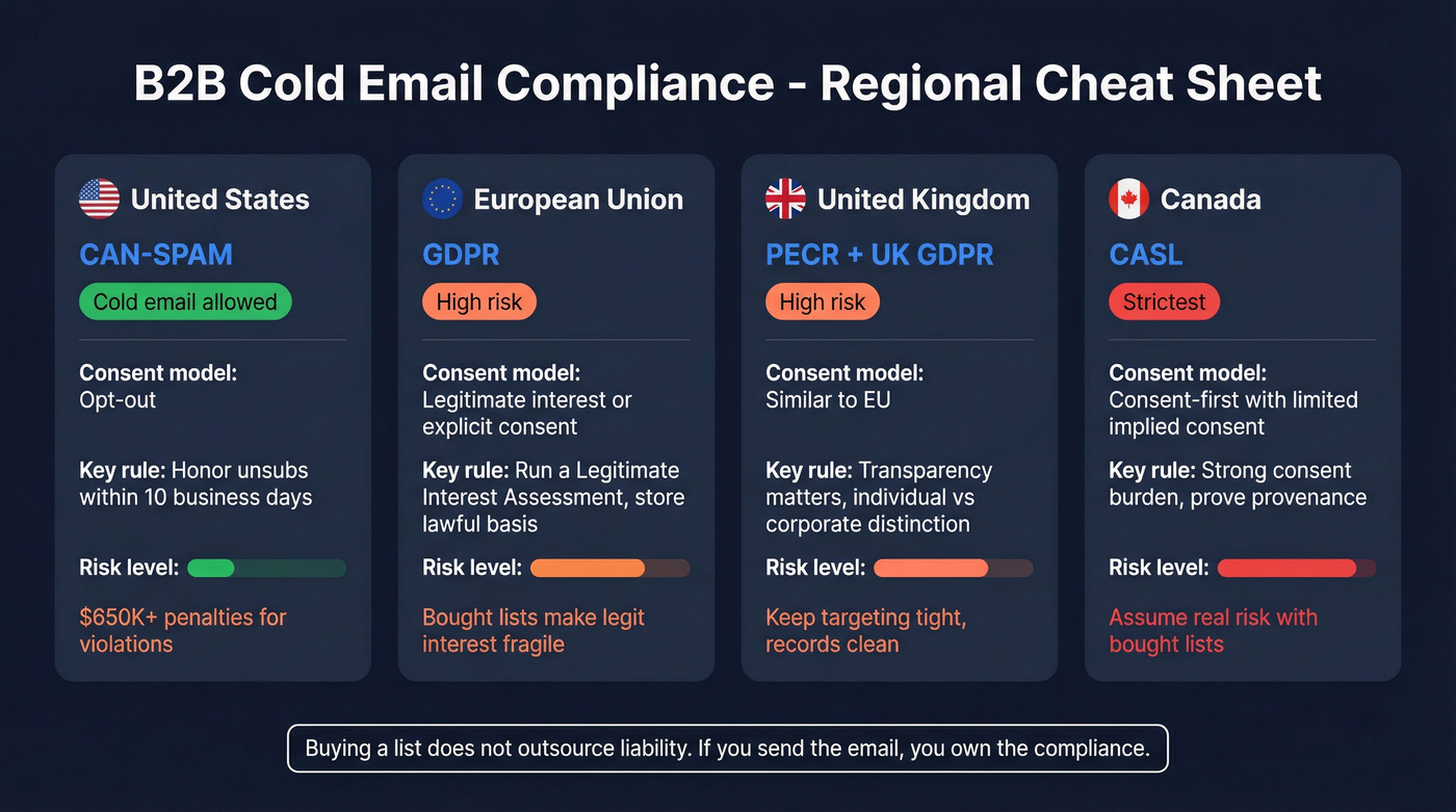 Regional email compliance rules for US EU UK Canada