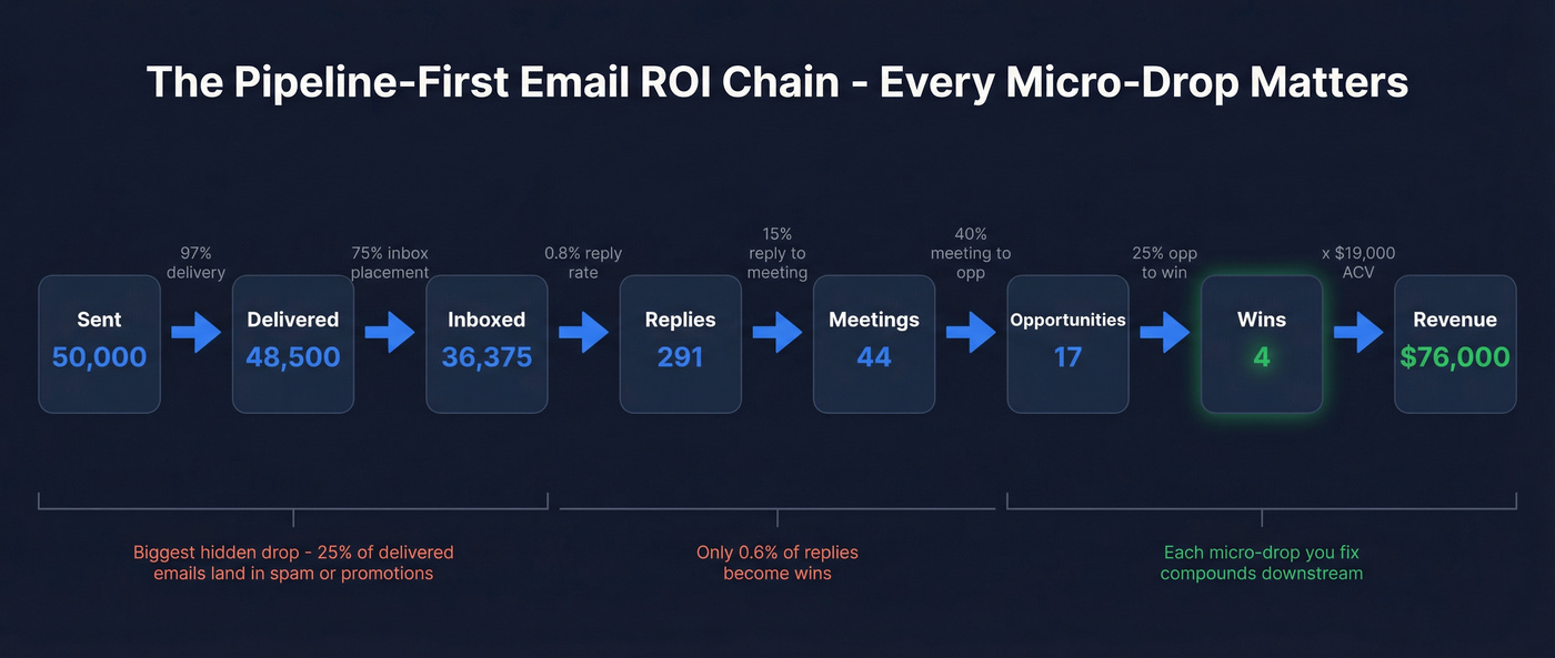 Pipeline-first email funnel showing every micro-drop stage