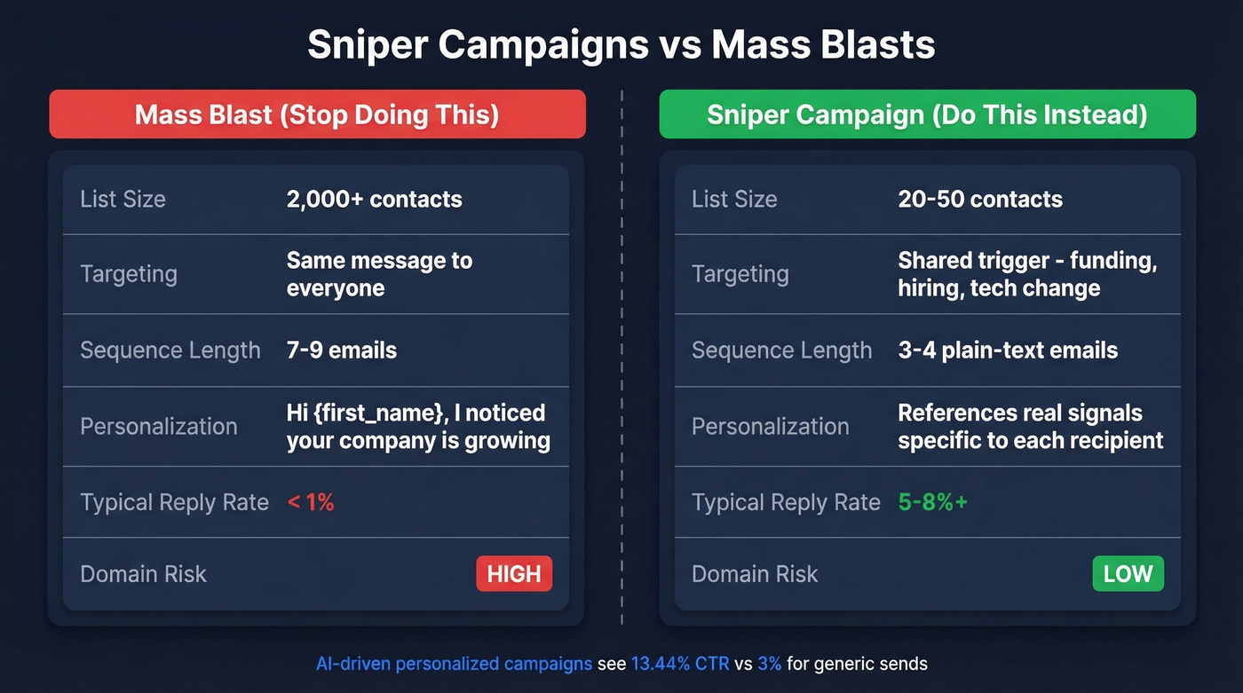 Sniper campaigns vs mass blast comparison diagram