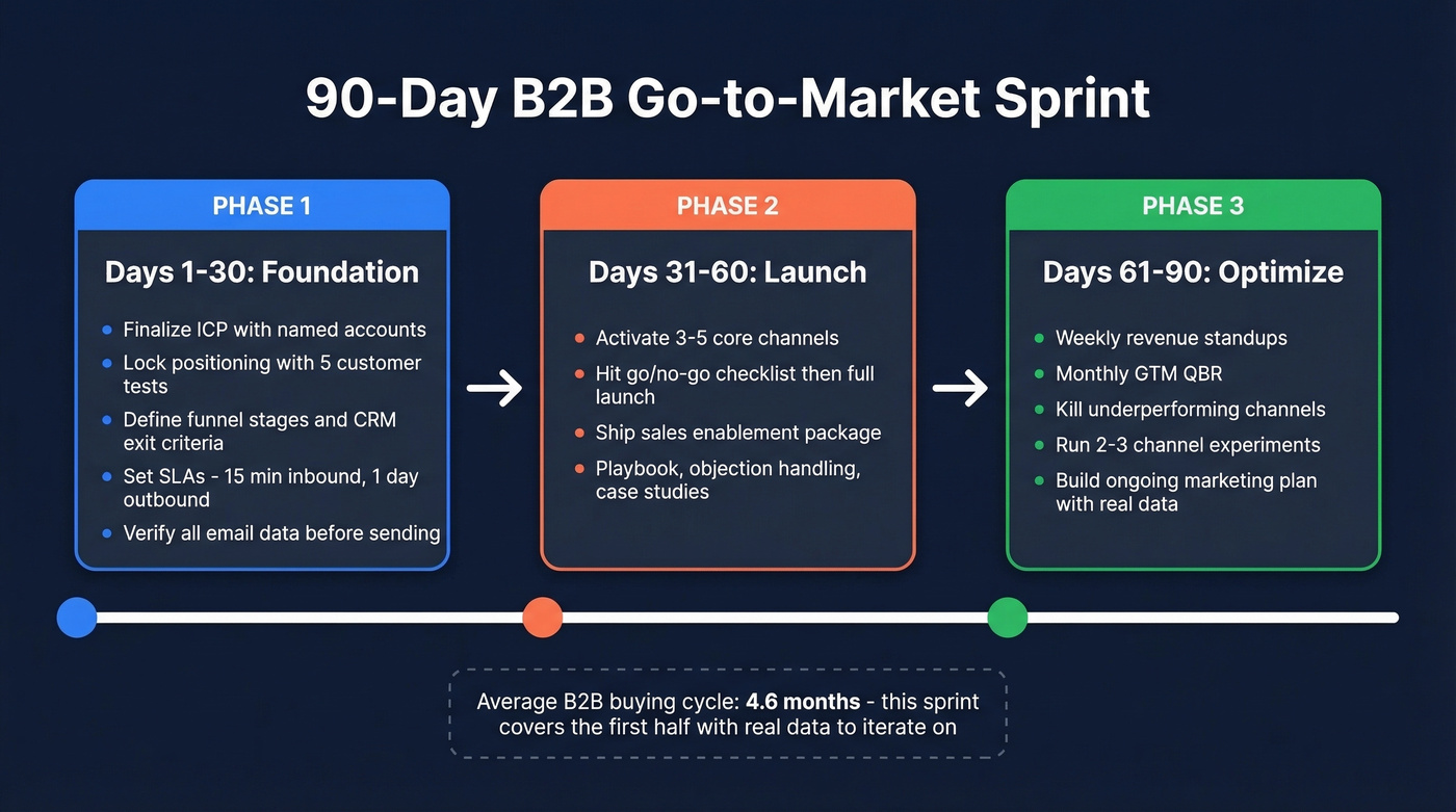 90-day GTM sprint timeline with three phases and key deliverables