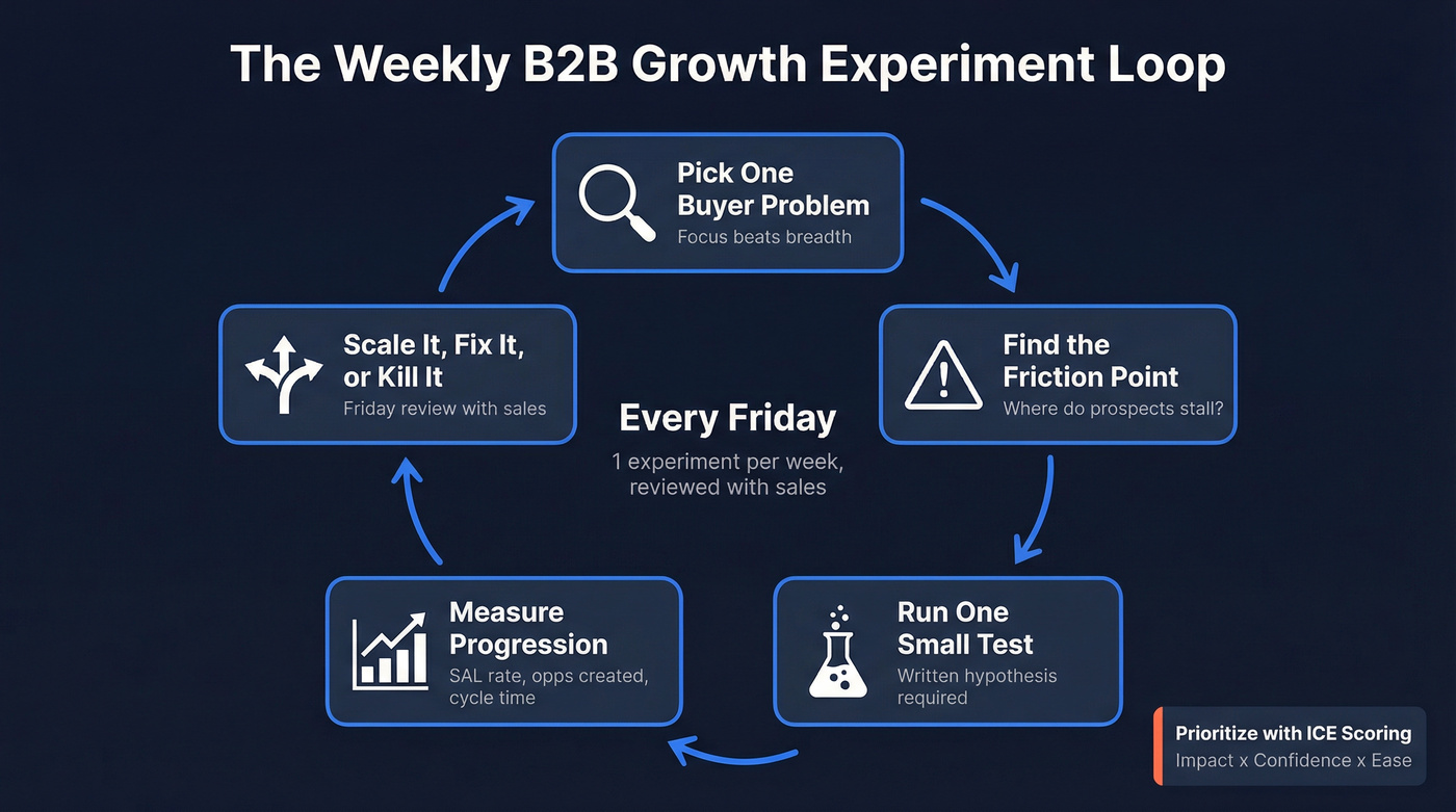 Weekly B2B growth experiment loop with five steps