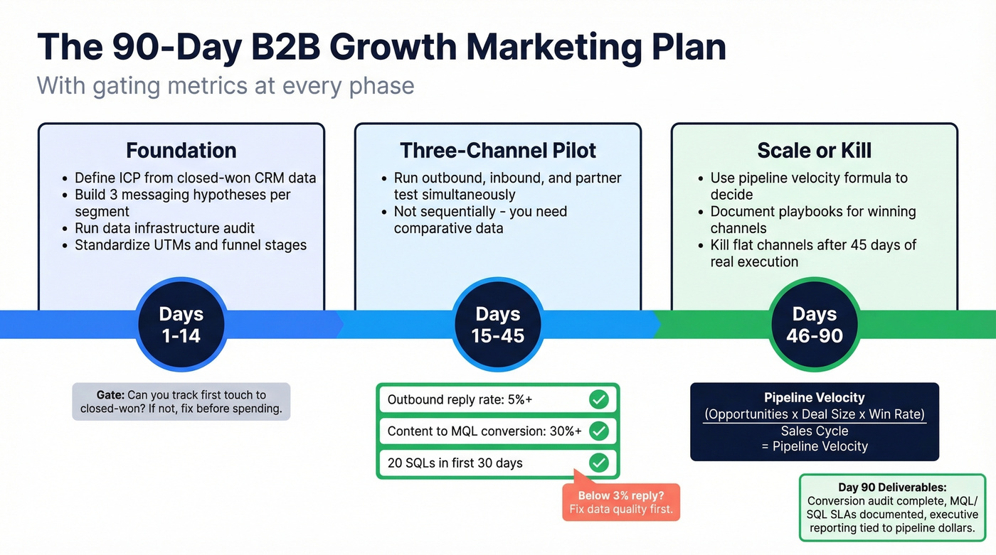 90-day B2B growth marketing plan with gating metrics