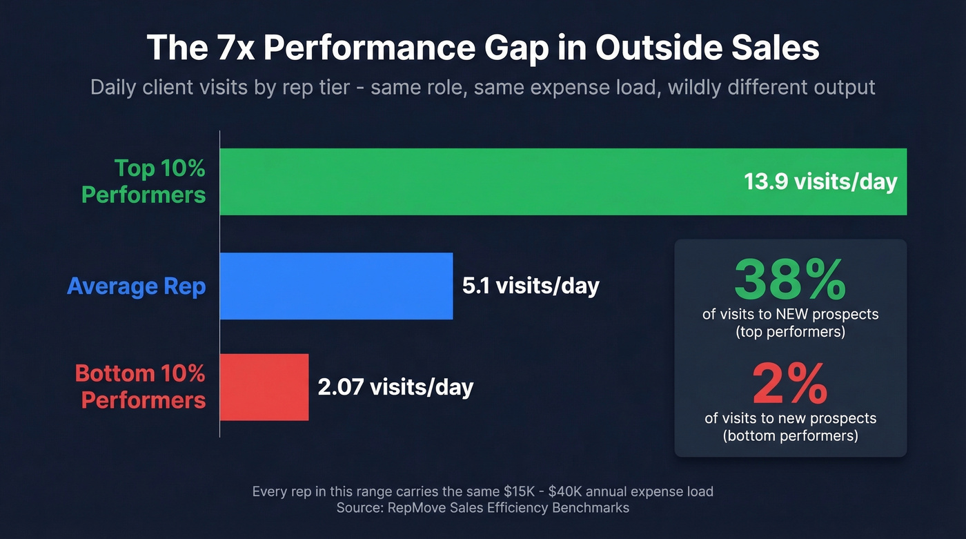 Outside sales rep performance spread showing top vs bottom performers
