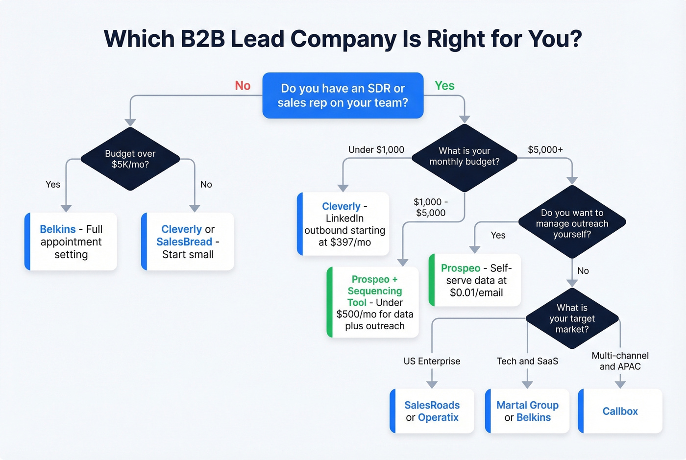 Decision flowchart for choosing a B2B lead company