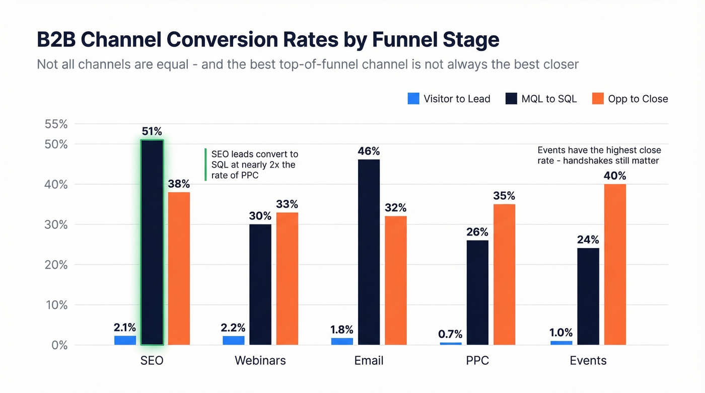 B2B channel conversion rates comparison across funnel stages