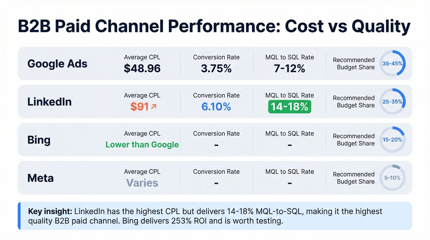 B2B paid channel comparison by CPL and conversion quality