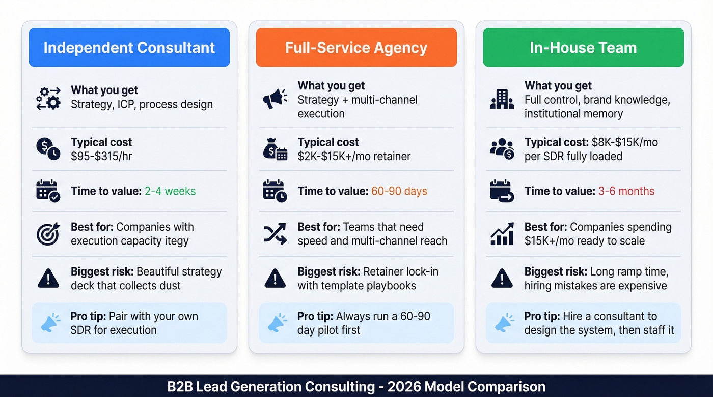 Three-model comparison of consultant, agency, and in-house