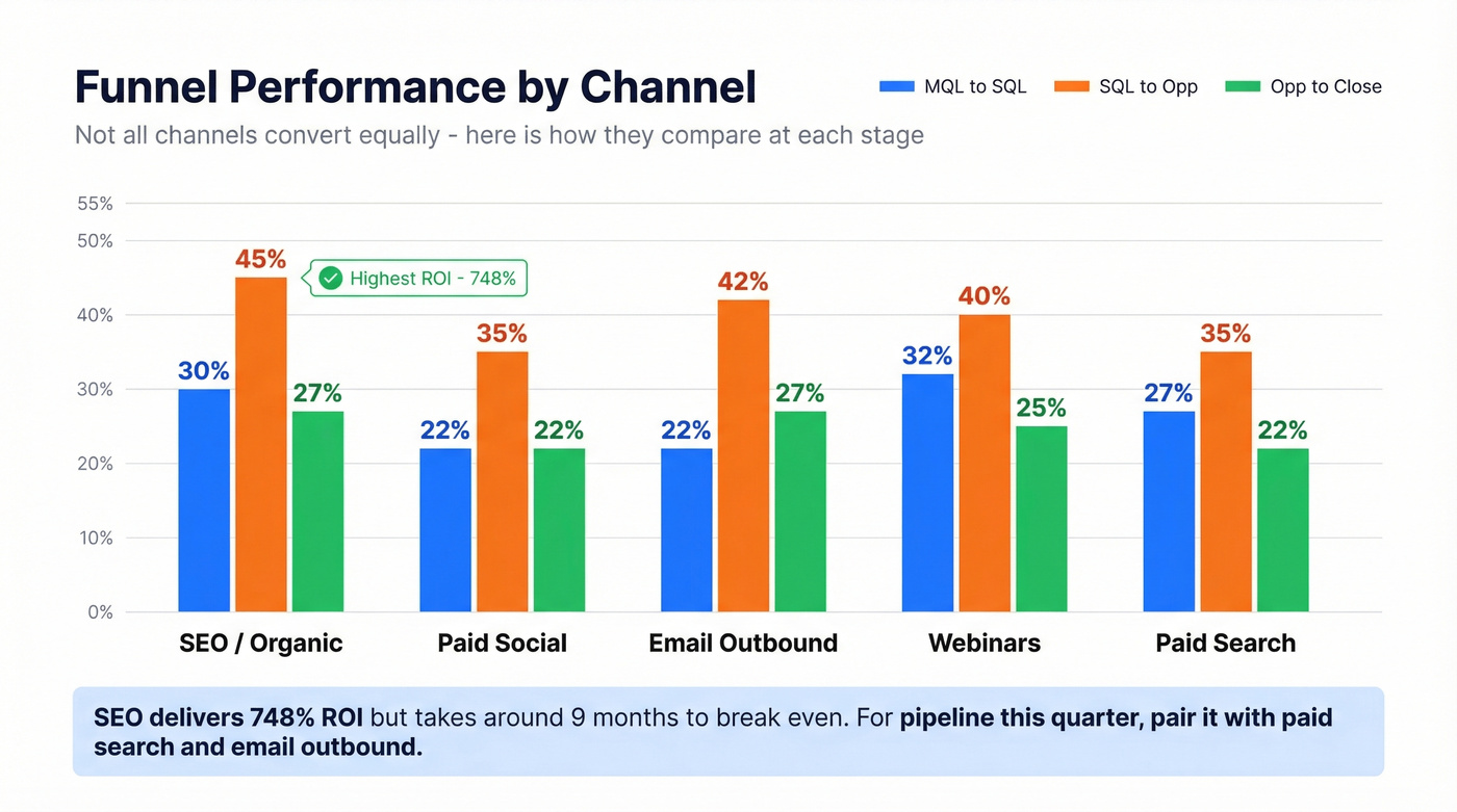 B2B funnel conversion rates compared across five marketing channels