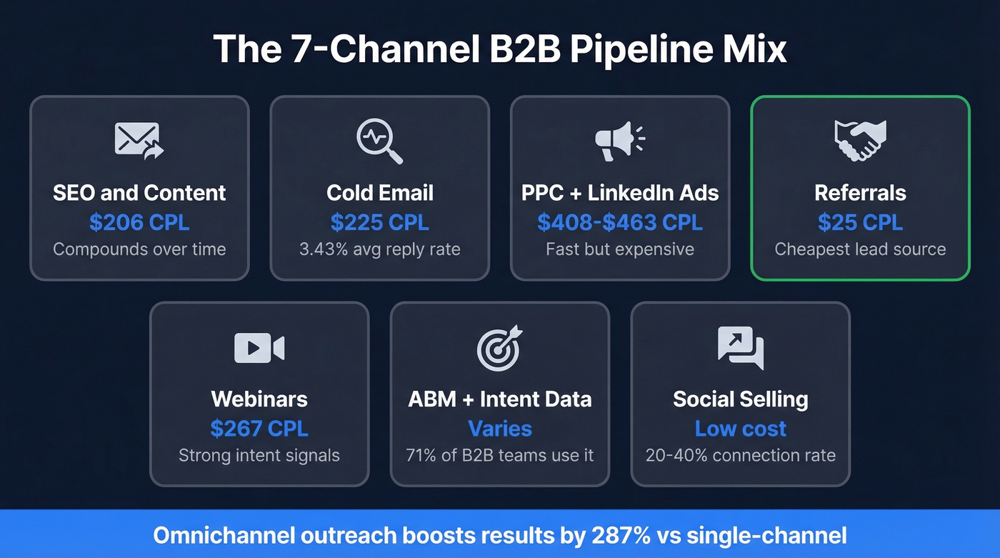 Seven B2B pipeline channels with key metrics overview