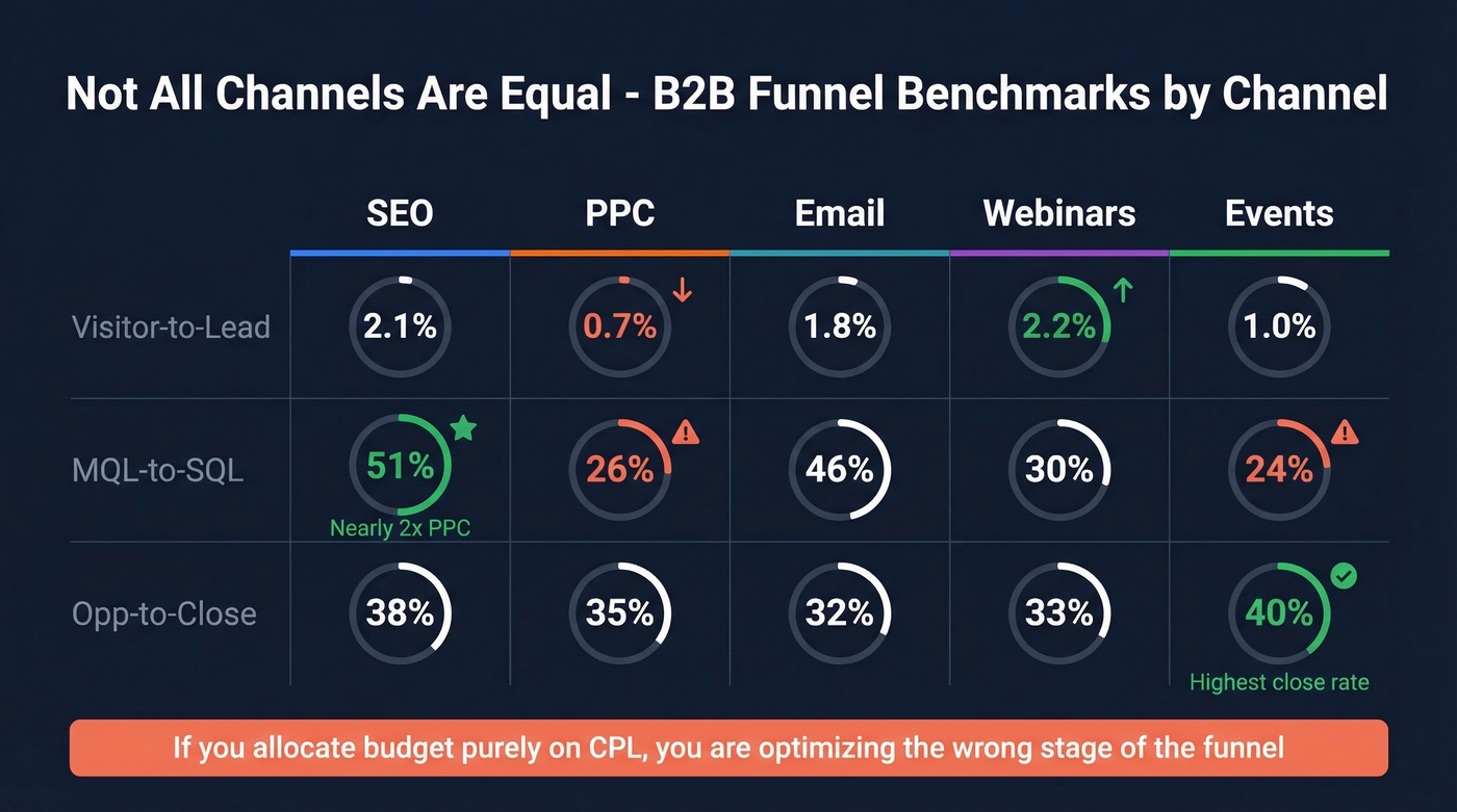 Channel benchmark comparison across funnel stages