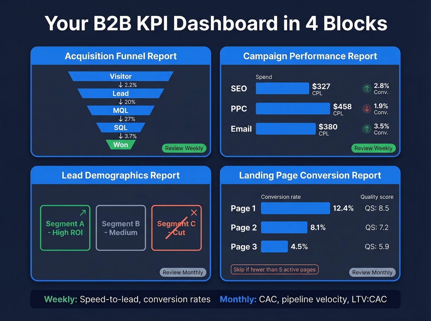 Four-block B2B KPI dashboard architecture layout