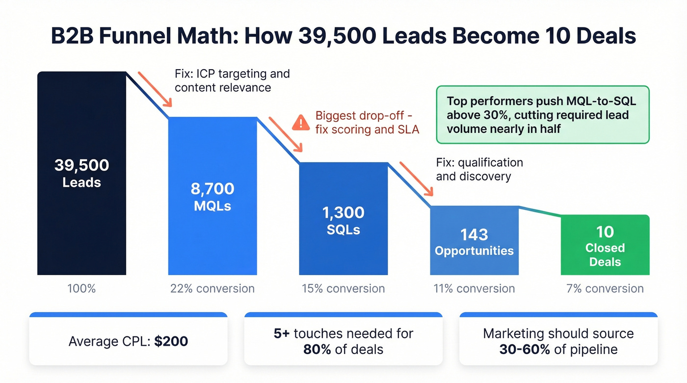 B2B funnel math waterfall from leads to closed deals