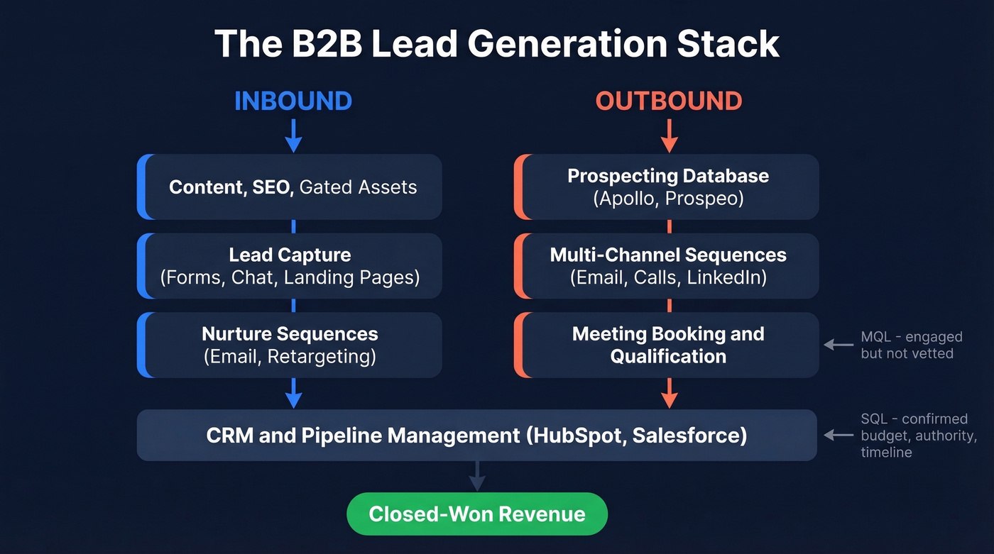 B2B lead generation stack architecture showing inbound and outbound flows