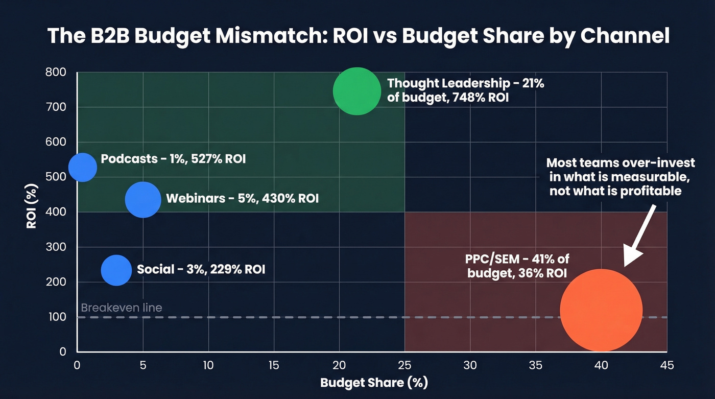 B2B channel ROI versus budget share scatter comparison