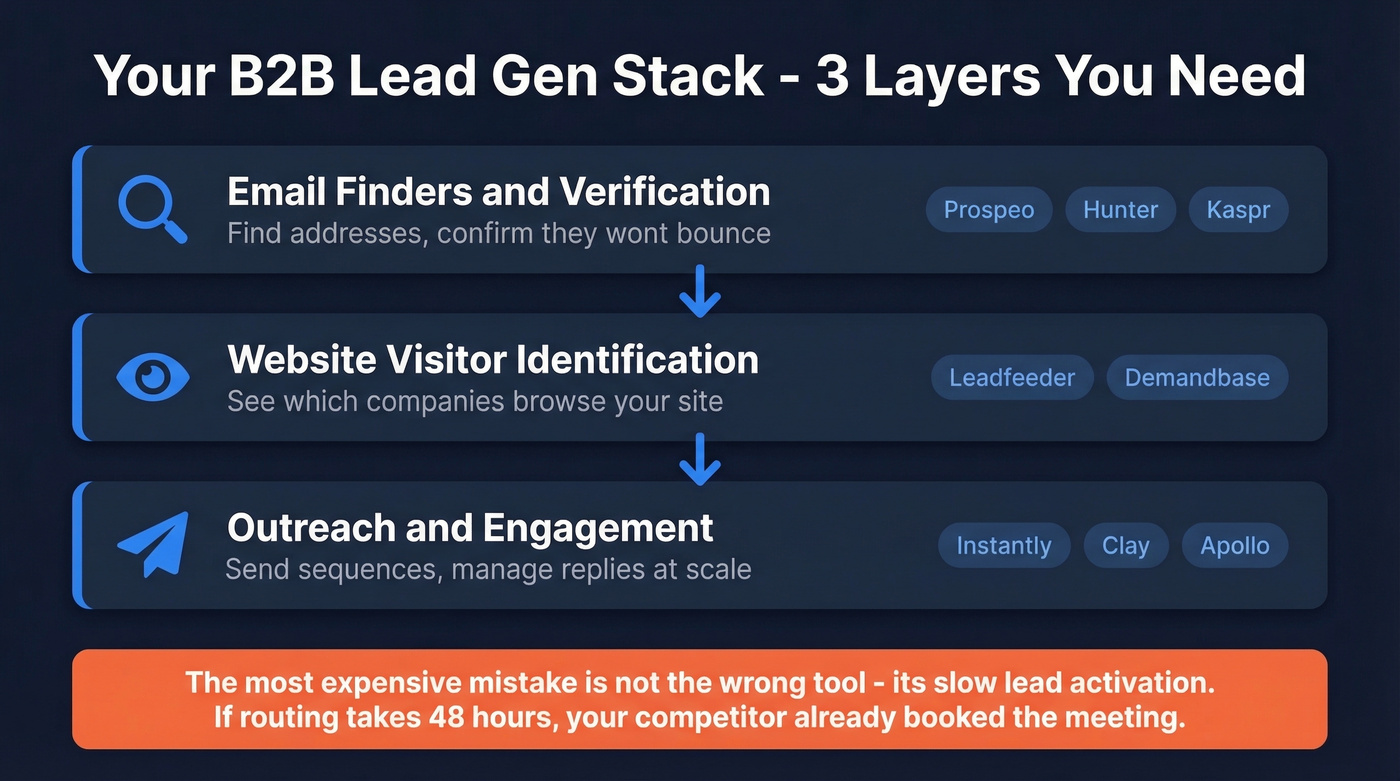 B2B lead gen stack showing three tool categories