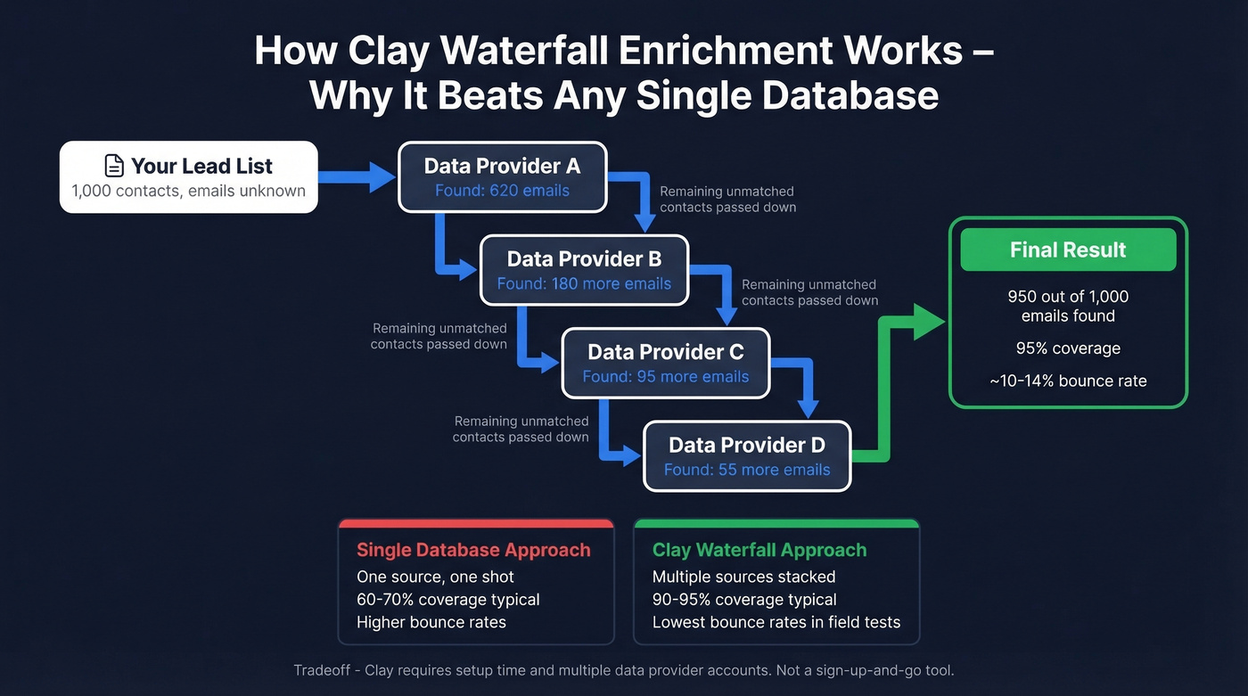 Clay waterfall enrichment workflow showing multi-source data stacking