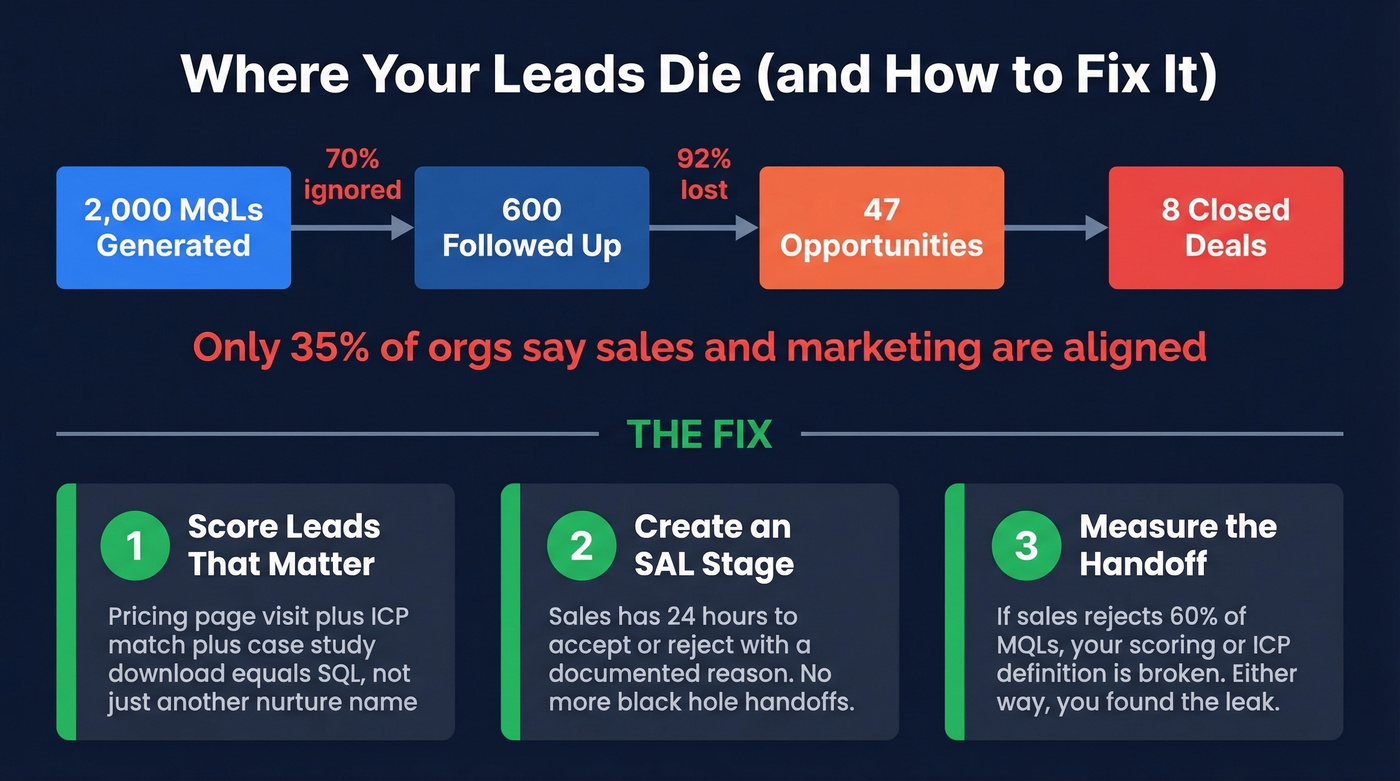 Lead handoff breakdown showing where deals die in the funnel