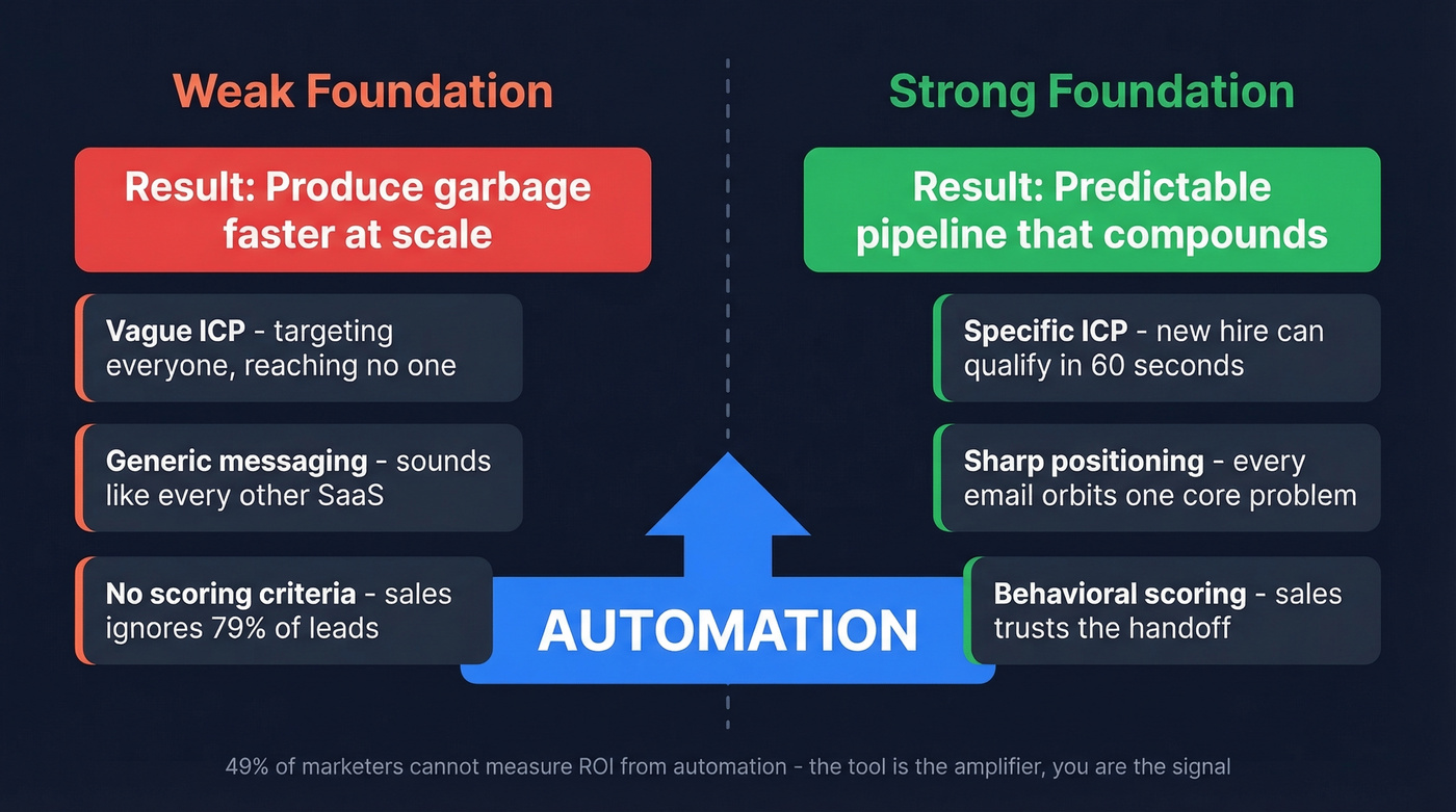 B2B marketing automation strategy foundation vs amplification diagram