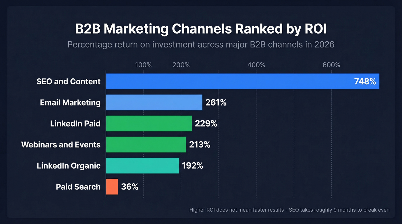 B2B marketing channels ranked by ROI percentage