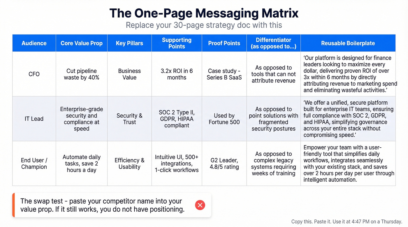 B2B messaging matrix template with columns and example rows