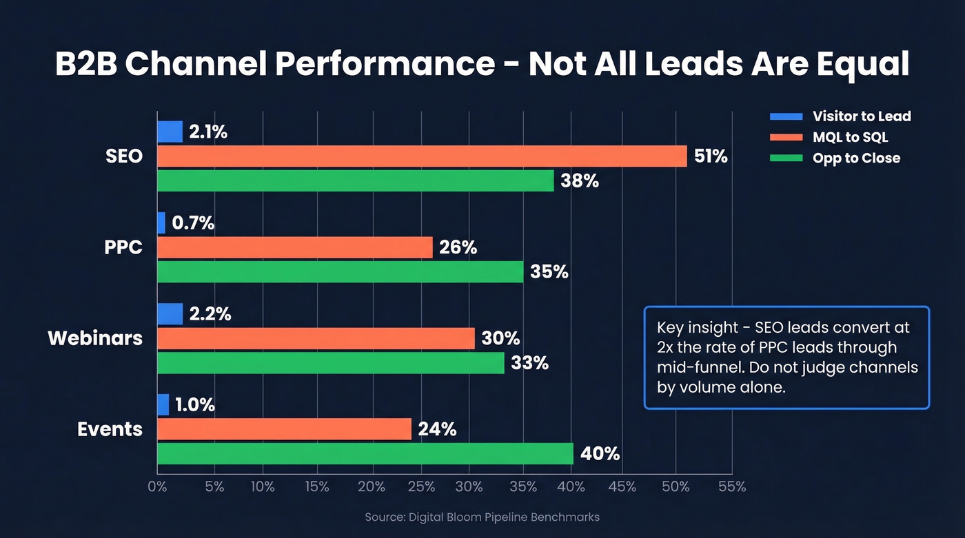 B2B channel performance comparison across funnel stages