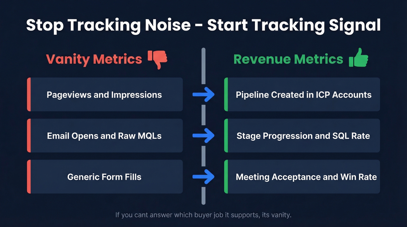 Vanity metrics versus revenue metrics comparison diagram