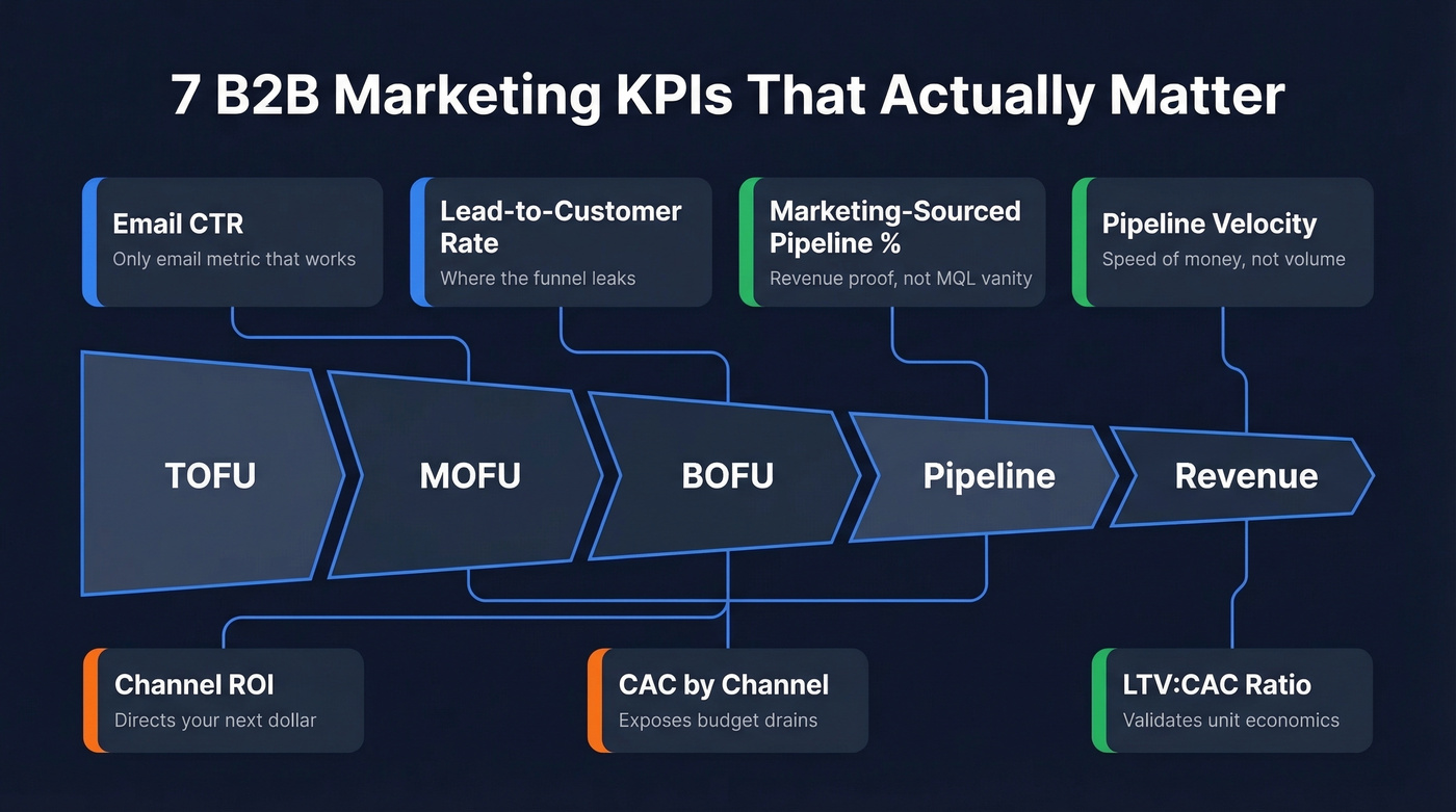 B2B marketing funnel with 7 KPIs mapped to stages