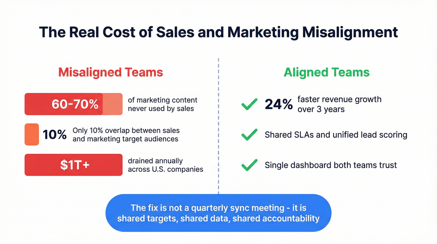 Sales and marketing misalignment visual showing key stats and costs