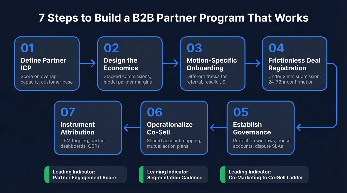 Seven-step partner program build sequence as a visual roadmap