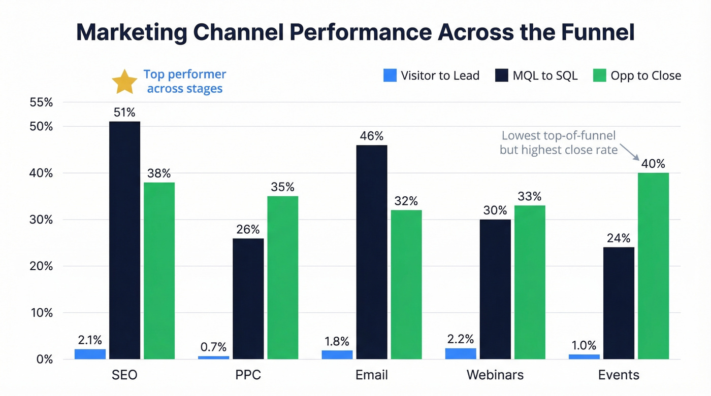 Channel performance comparison across three funnel stages