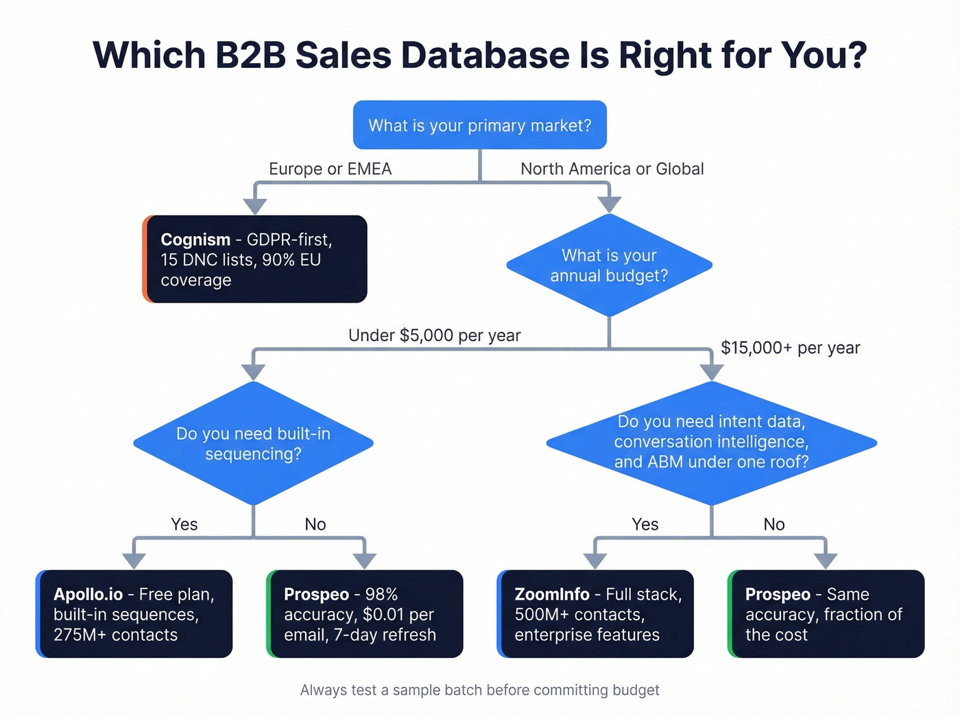 Decision flowchart for choosing the right B2B sales database