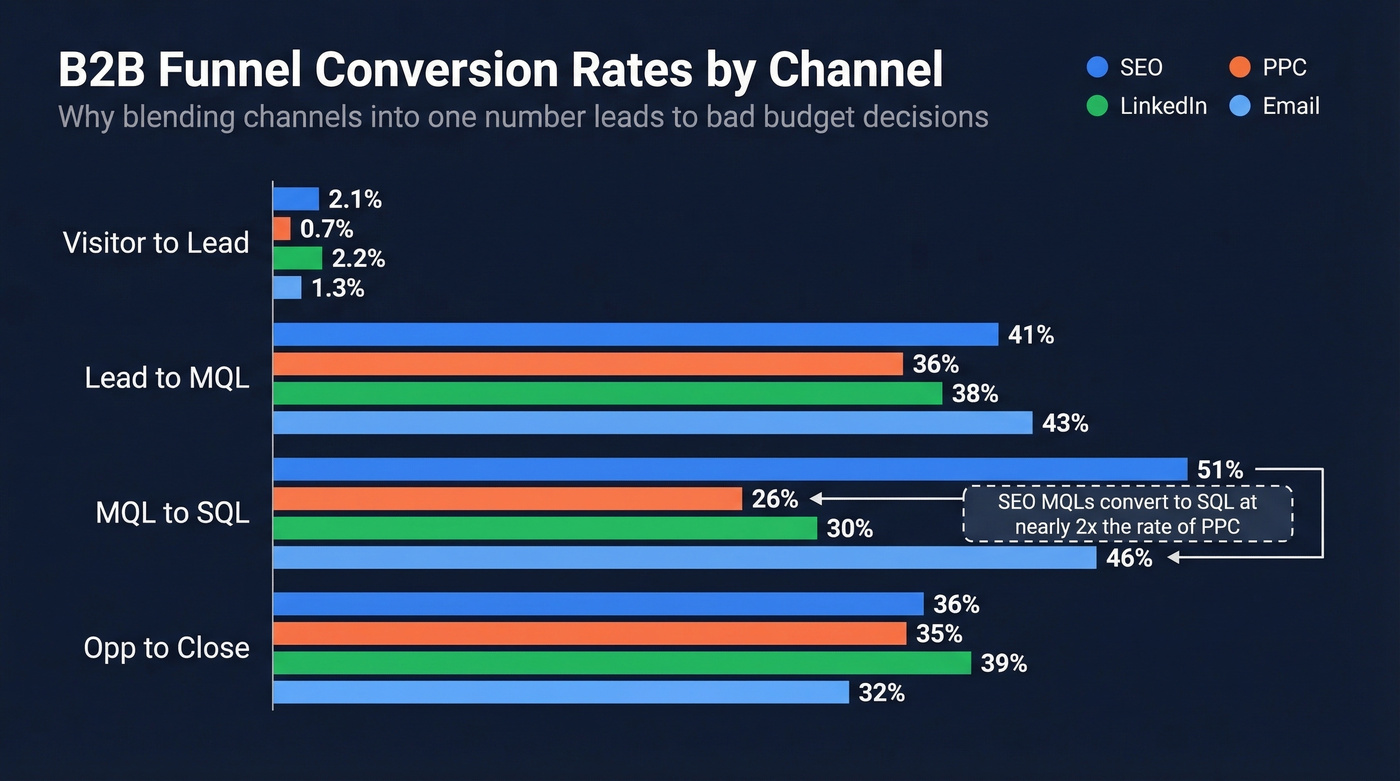 B2B sales funnel conversion rates by channel comparison