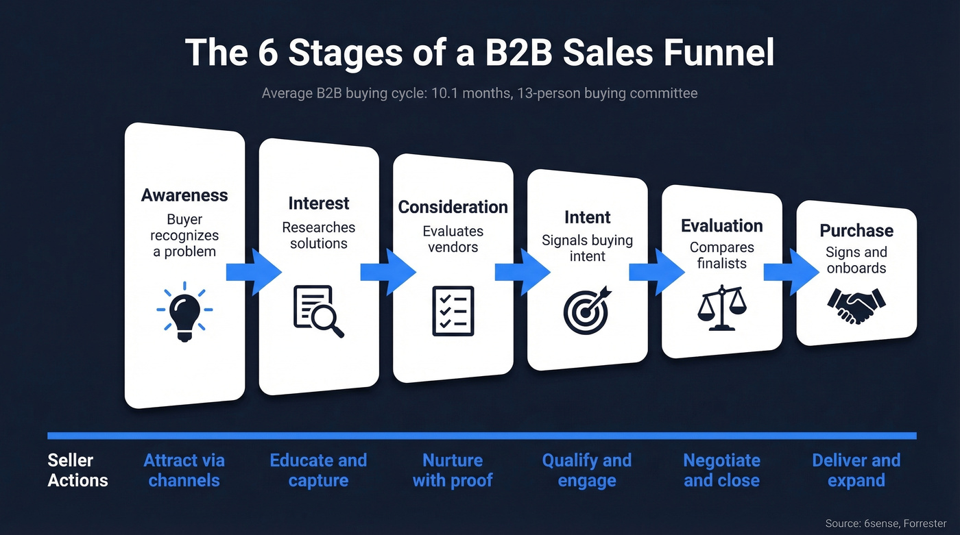 Six-stage B2B sales funnel with buyer and seller actions