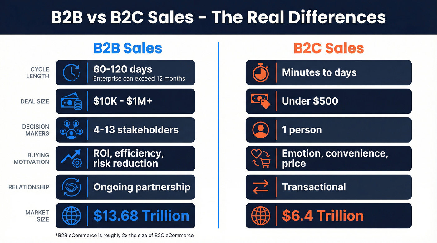 B2B vs B2C sales side-by-side comparison diagram