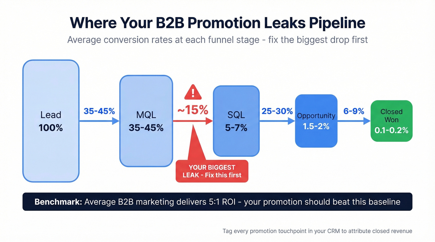 B2B funnel conversion rates showing where promotions leak pipeline